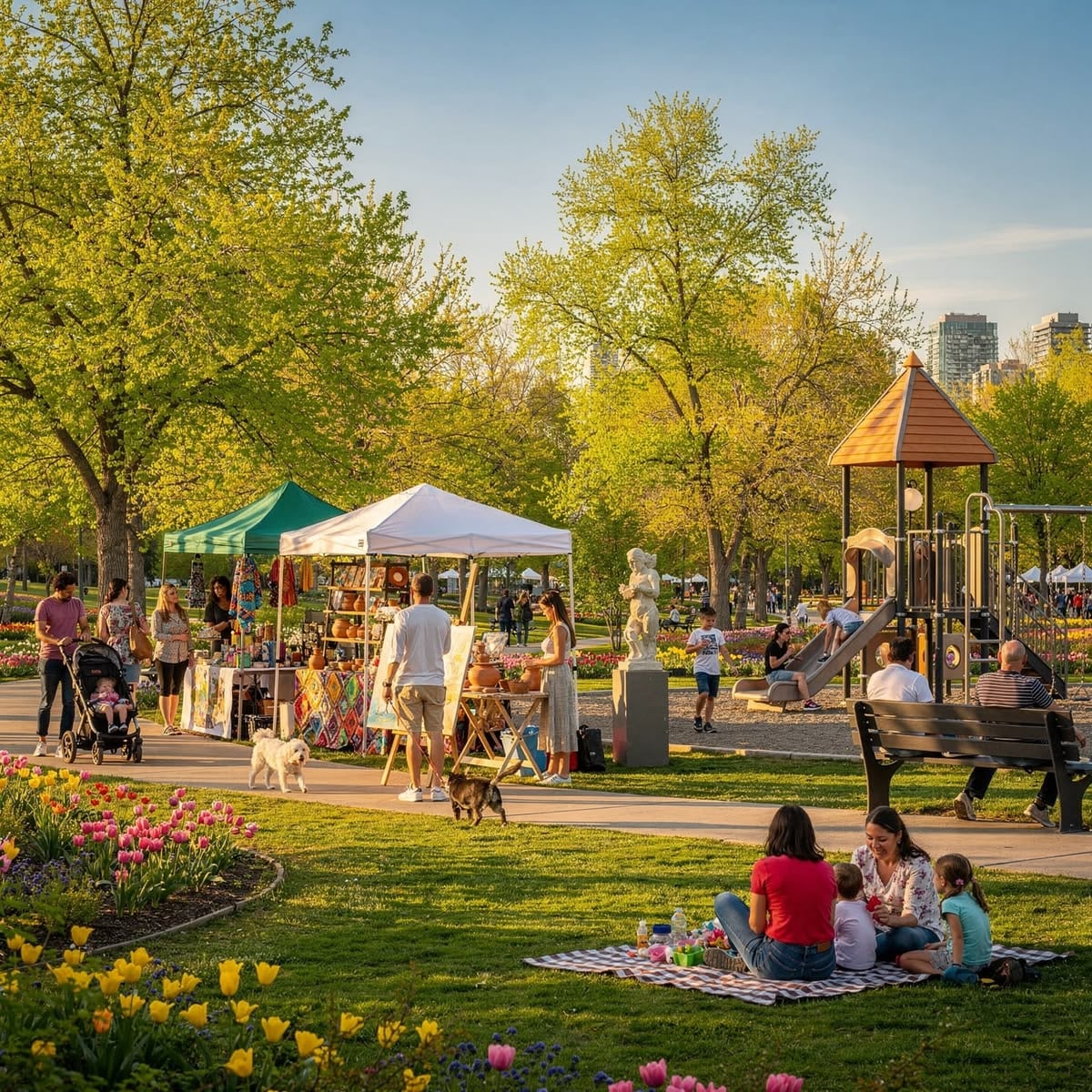 People enjoy a sunny day at a park with market stalls, a playground, blooming flowers, and green trees. Some sit on blankets for a picnic, while others stroll or browse the stalls. Children play nearby.
