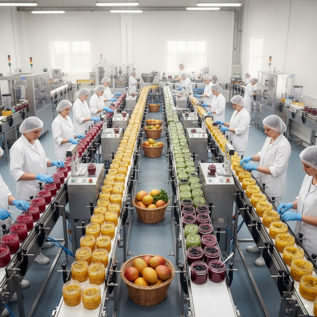 Workers in white uniforms and hairnets process jars of fruit jam on a factory assembly line, with baskets of fresh fruit nearby in a bright, clean facility.