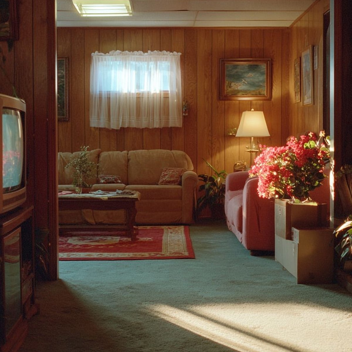 A cozy living room with wood-paneled walls, a beige sofa, a red armchair, a coffee table, a TV, framed art, and sunlight streaming across a blue carpet. Pink flowers sit beside the armchair and lamp.