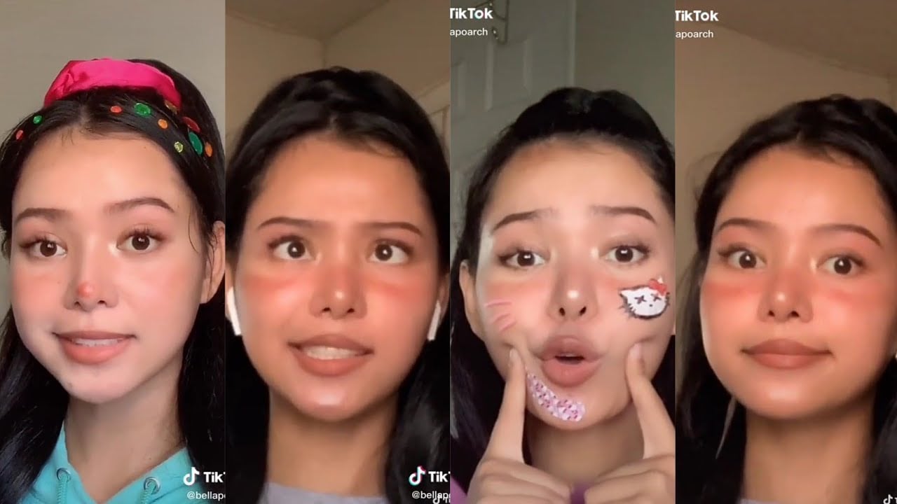 A young woman poses in four different selfies, each with rosy cheeks and various playful filters or makeup, including cat whiskers, a bow, and Hello Kitty art. She wears different expressions and accessories in each image.
