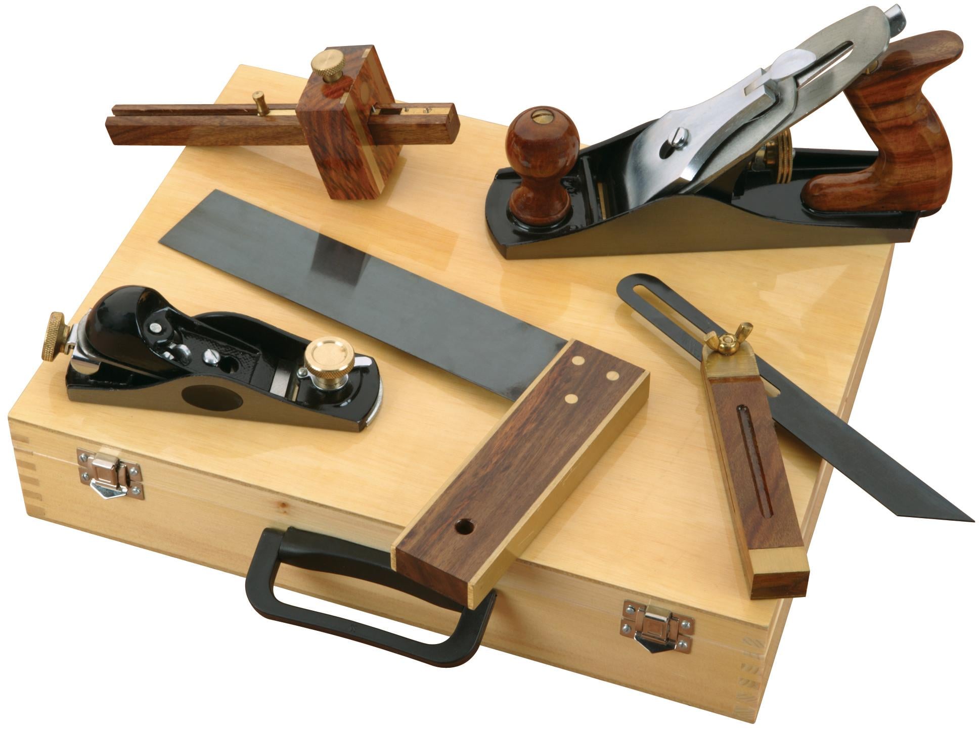 A set of woodworking hand tools on a wooden box, including two hand planes, a try square, a marking gauge, a sliding bevel, and a ruler, all with wood and metal parts.
