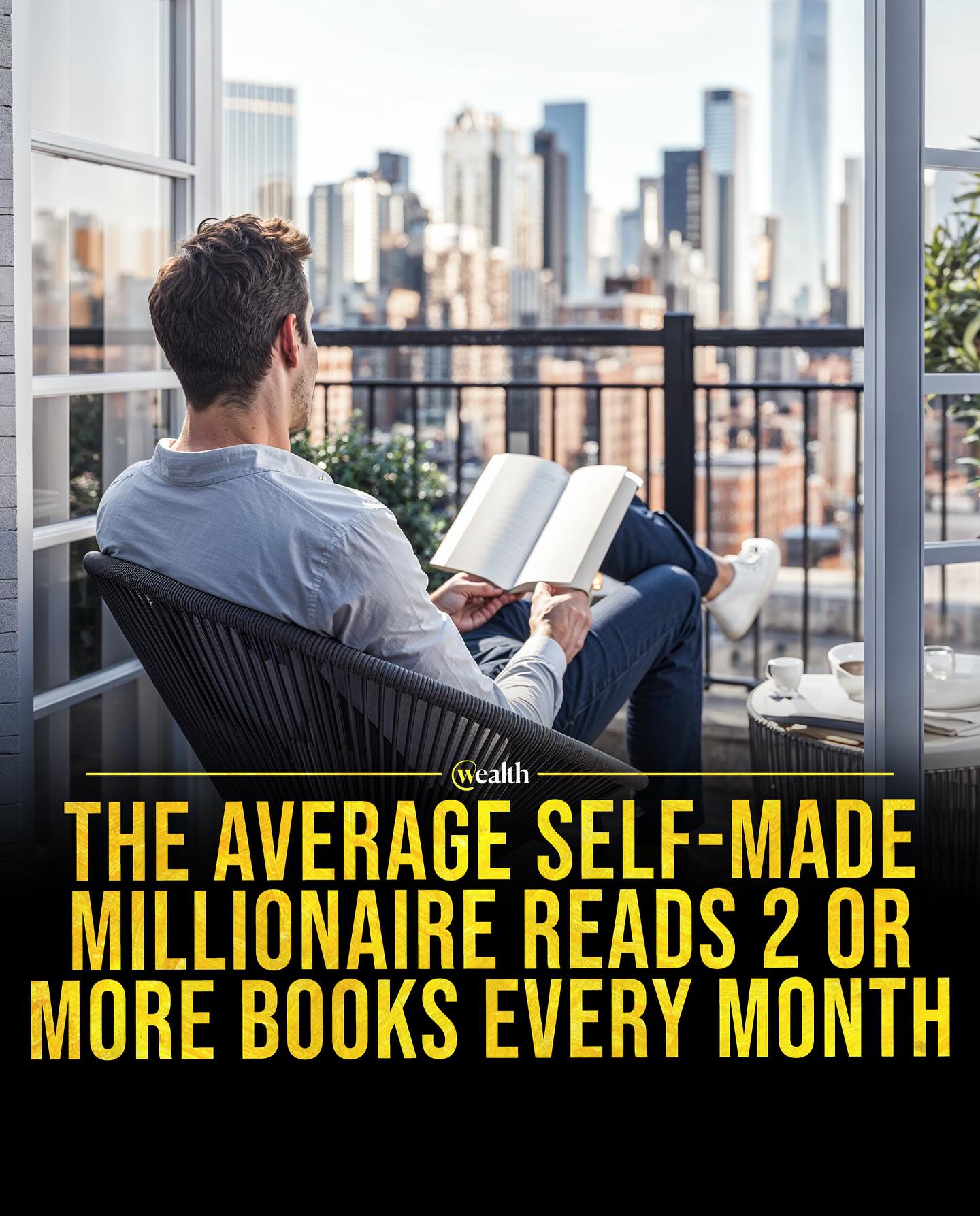 A man sits on a balcony overlooking a city skyline, reading a book. Text on the image says, "The average self-made millionaire reads 2 or more books every month.