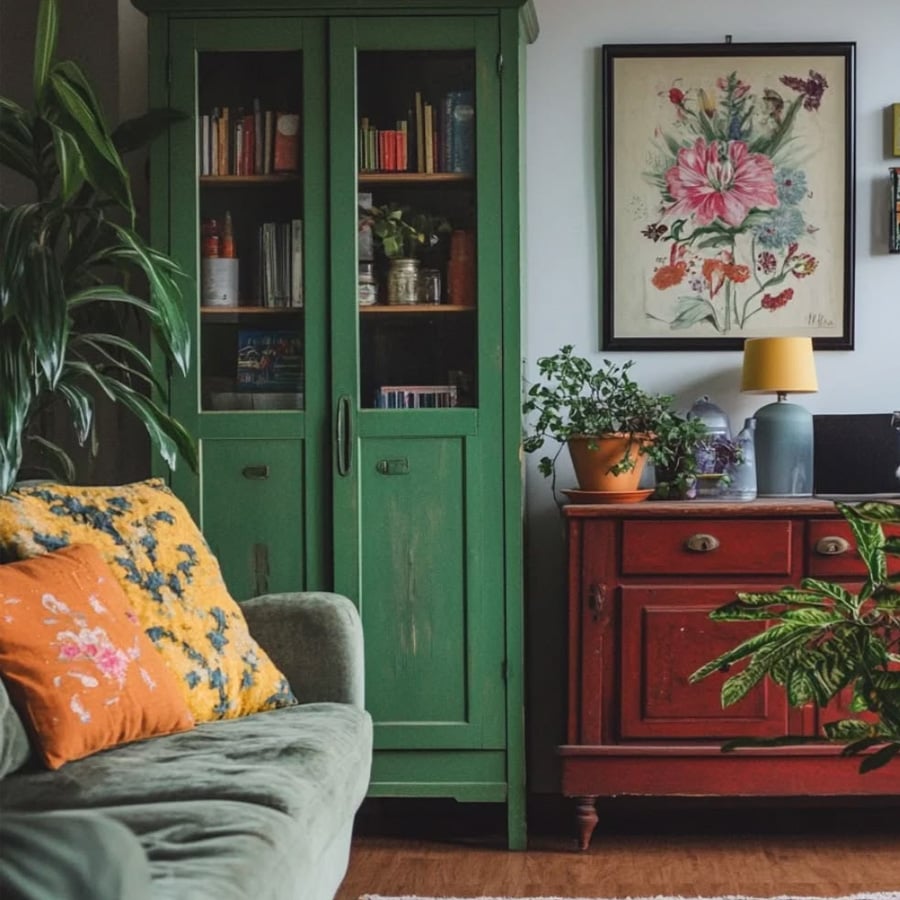 A cozy living room with a green sofa, yellow pillows, a tall green cabinet with books, a red sideboard with plants, and a botanical artwork hanging on the wall.
