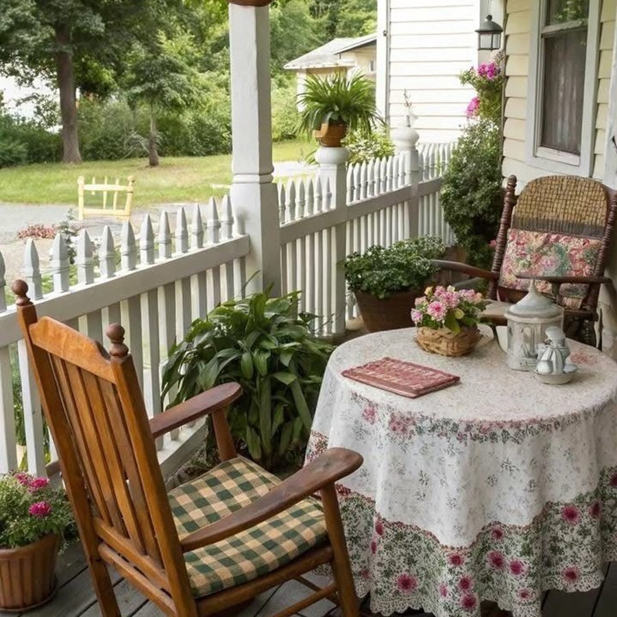 A cozy porch with two wooden rocking chairs, a round table covered with a floral tablecloth, a teapot set, potted plants, and a white picket fence in the background, surrounded by greenery.