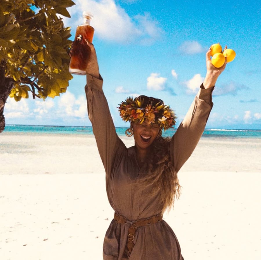 A smiling woman stands on a sandy beach with the ocean behind her, wearing a flower crown and a brown dress, holding a bottle in one hand and oranges in the other, under a sunny blue sky.