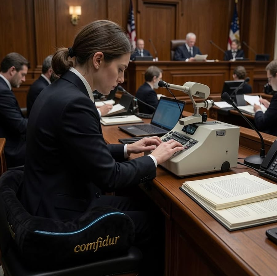A court reporter types on a stenotype machine in a courtroom. Several people sit at desks, and judges are visible in the background. Open books and laptops are on the desks, and U.S. flags are in the background.