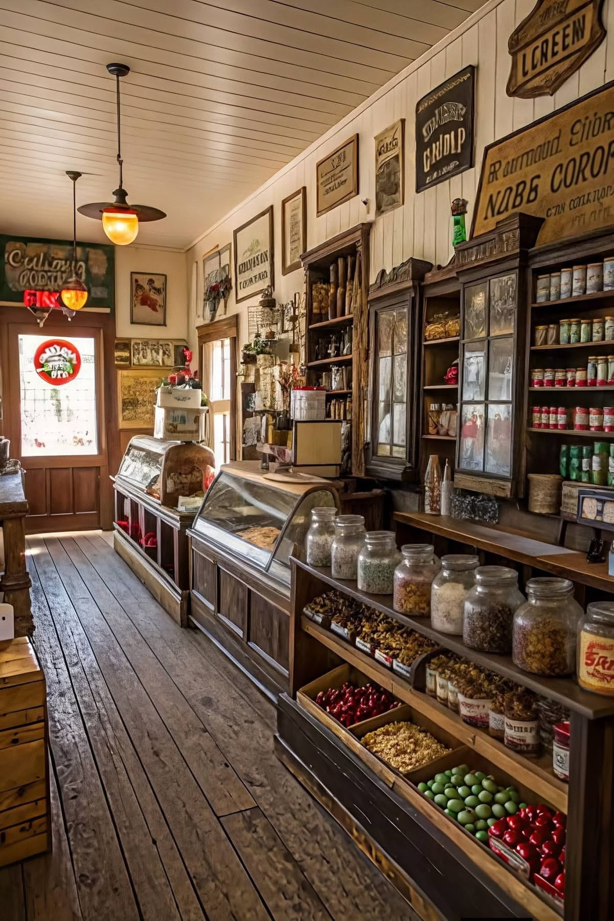 Old-fashioned general store interior with wooden floors, glass display cases, shelves of jars, canned goods, and vintage signs on the walls. Natural light comes through a door with a stained glass window at the back.