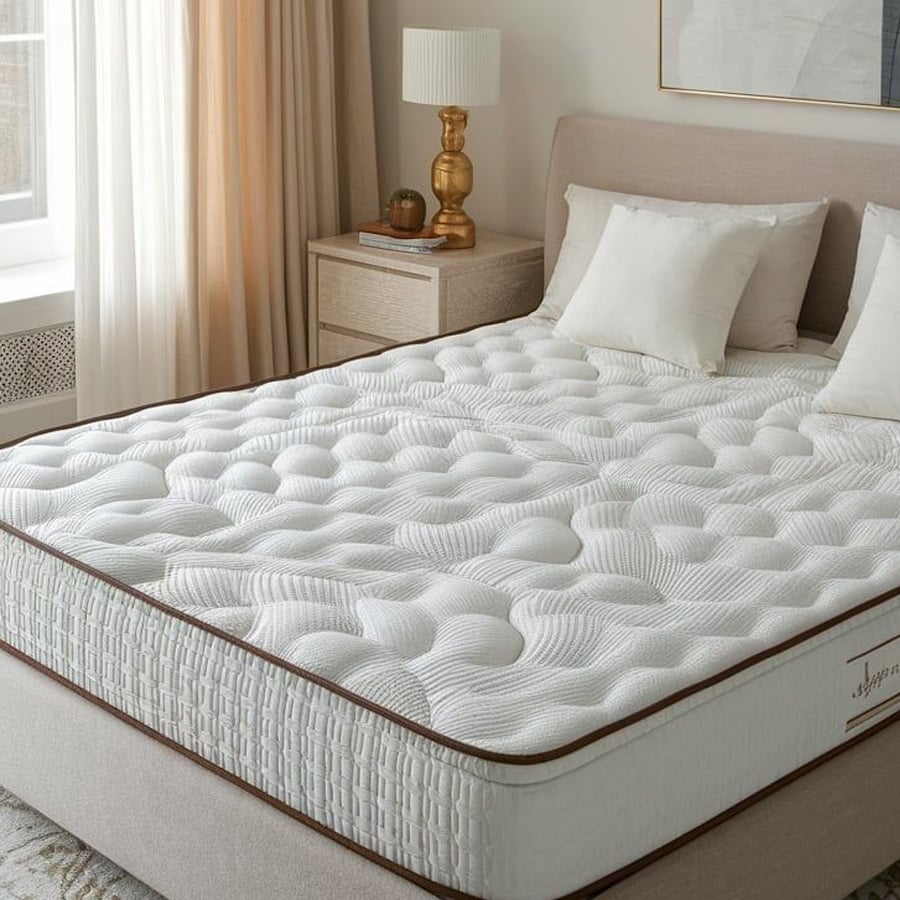 A neatly made bed with a white, textured mattress, two white pillows, a beige upholstered headboard, and a wooden nightstand with a lamp and decor in a softly lit bedroom.