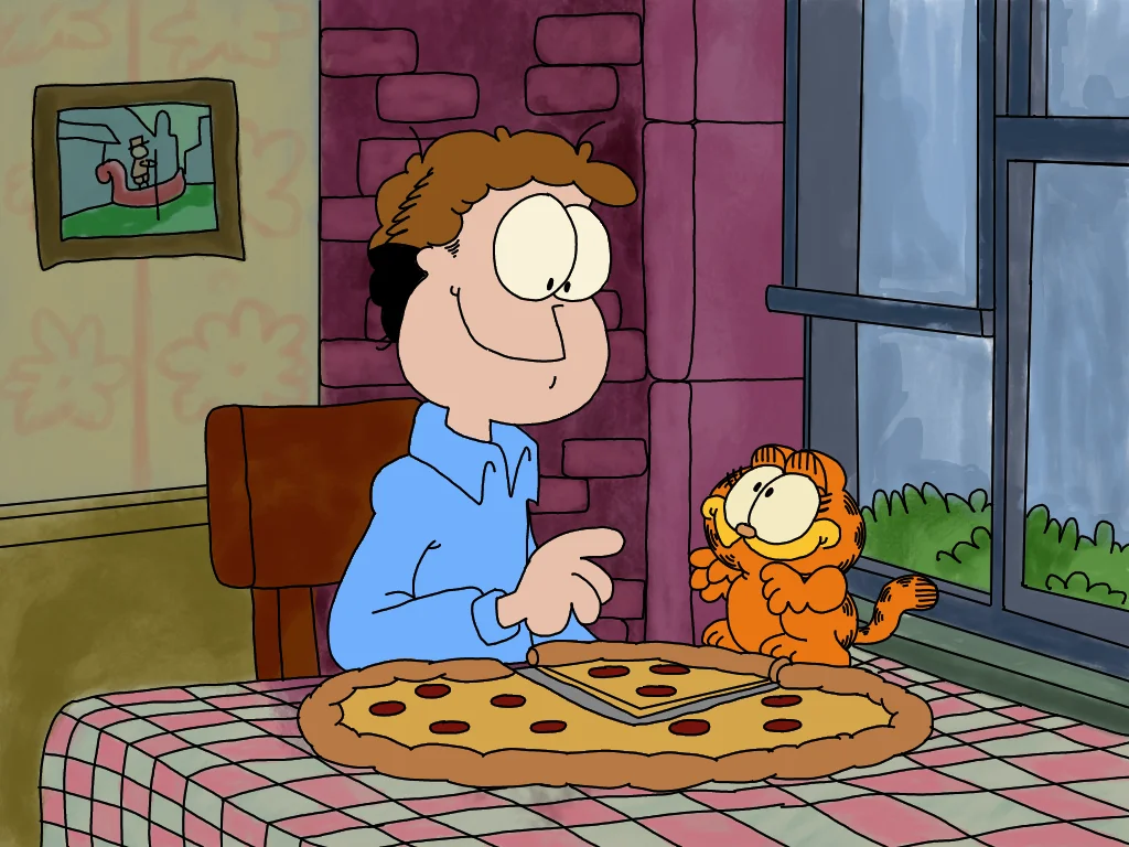 A man and an orange cartoon cat sit at a table with a large pepperoni pizza. The man smiles while the cat, holding a fork and knife, looks eagerly at the pizza. A window and a framed picture are in the background.