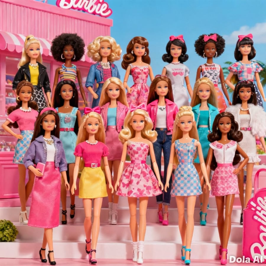 A group of diverse Barbie dolls in colorful outfits stands on pink steps in front of a Barbie-themed background, showcasing various hair styles, skin tones, and fashions.