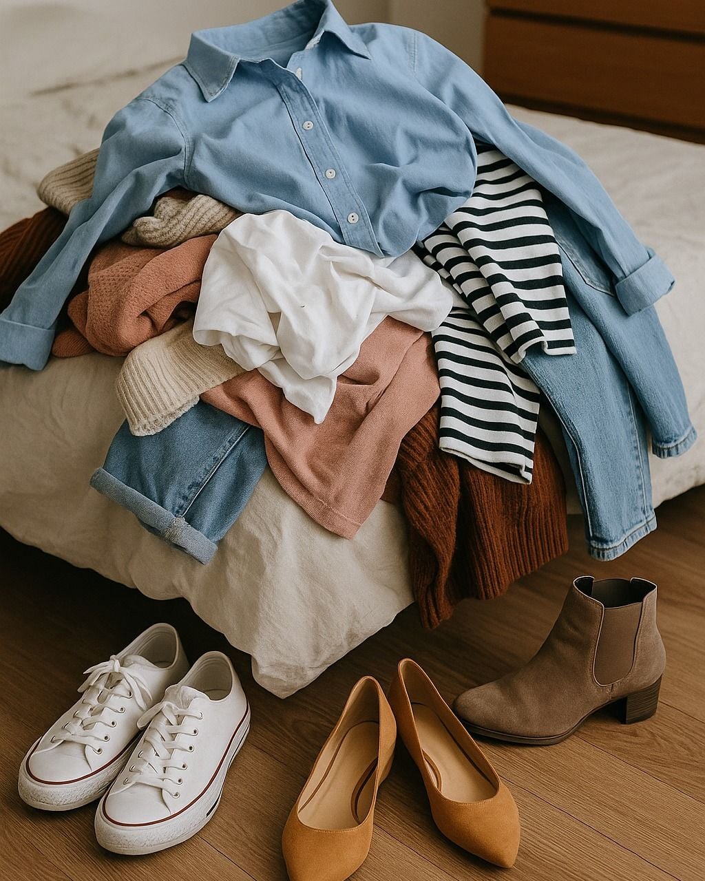 A pile of folded clothes, including shirts, sweaters, and jeans, sits on a bed next to three pairs of shoes: white sneakers, tan flats, and taupe ankle boots. The setting is a tidy, minimal bedroom.