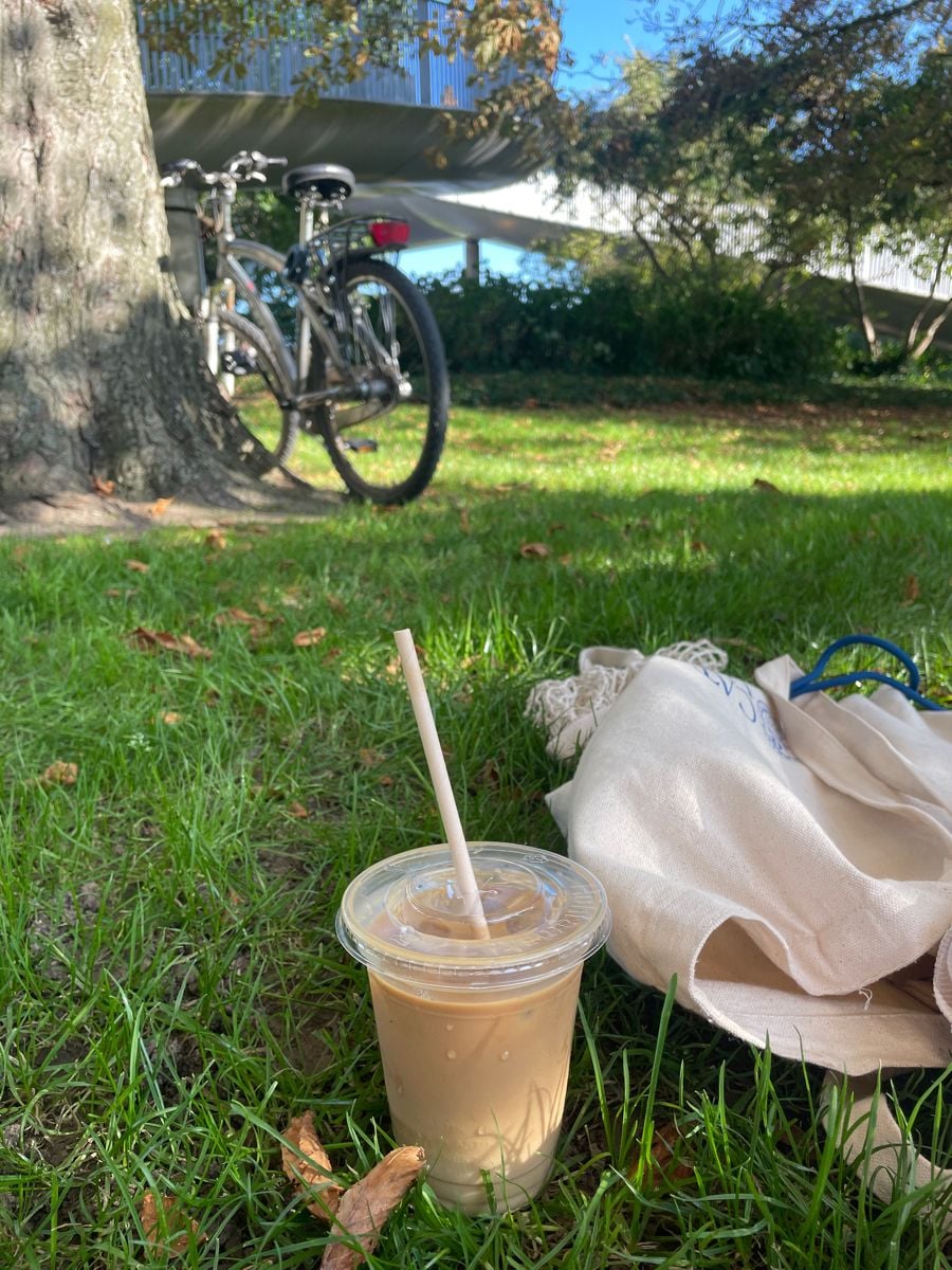 A cup of iced coffee with a straw sits on green grass next to a beige tote bag and scarf. In the background, a bicycle is parked near a tree under a sunny sky.