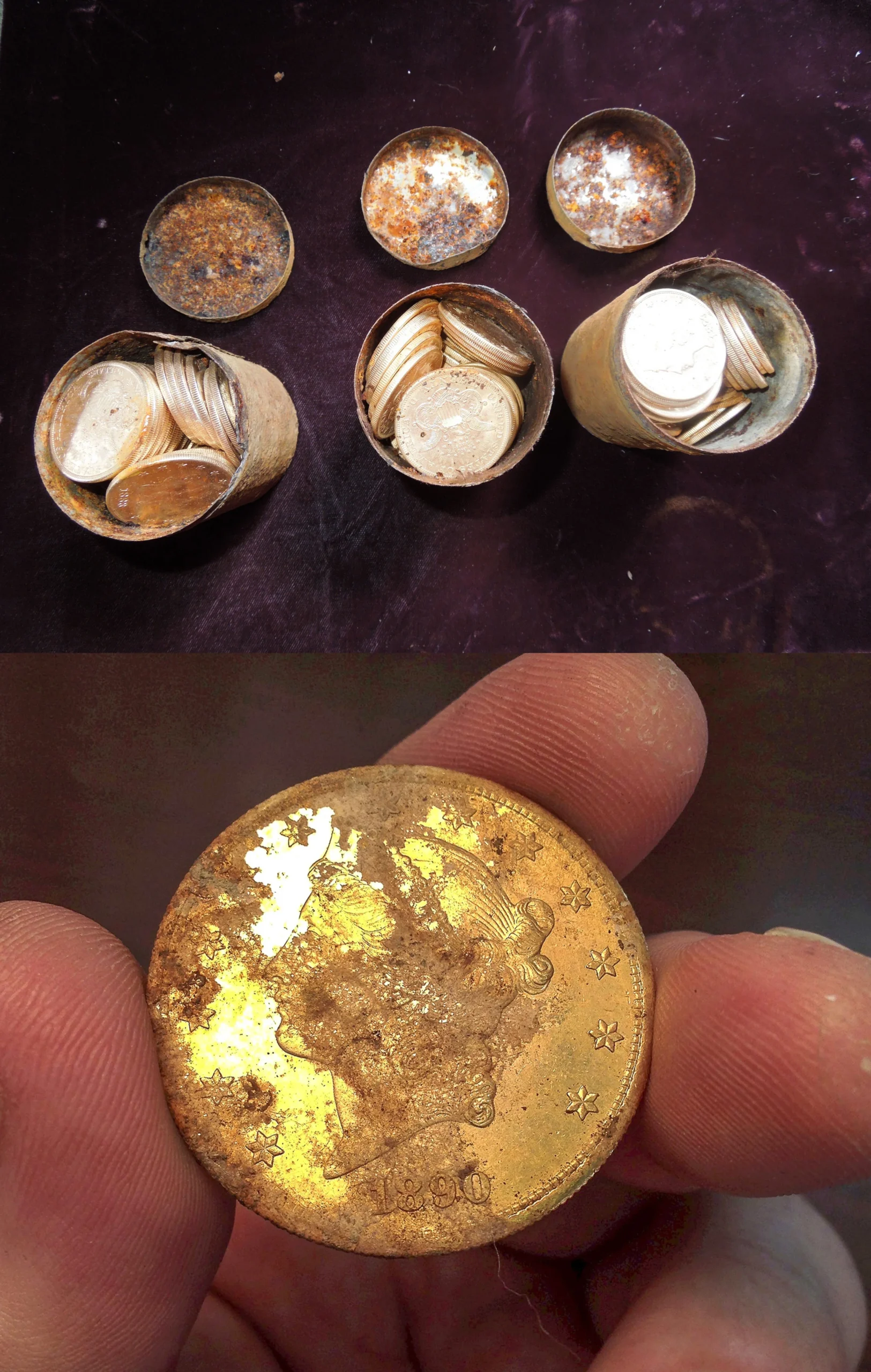 Three small rusty tins filled with old gold coins are shown on a dark surface. Below, a close-up of a hand holding a tarnished gold coin with a faint design and stars is visible.