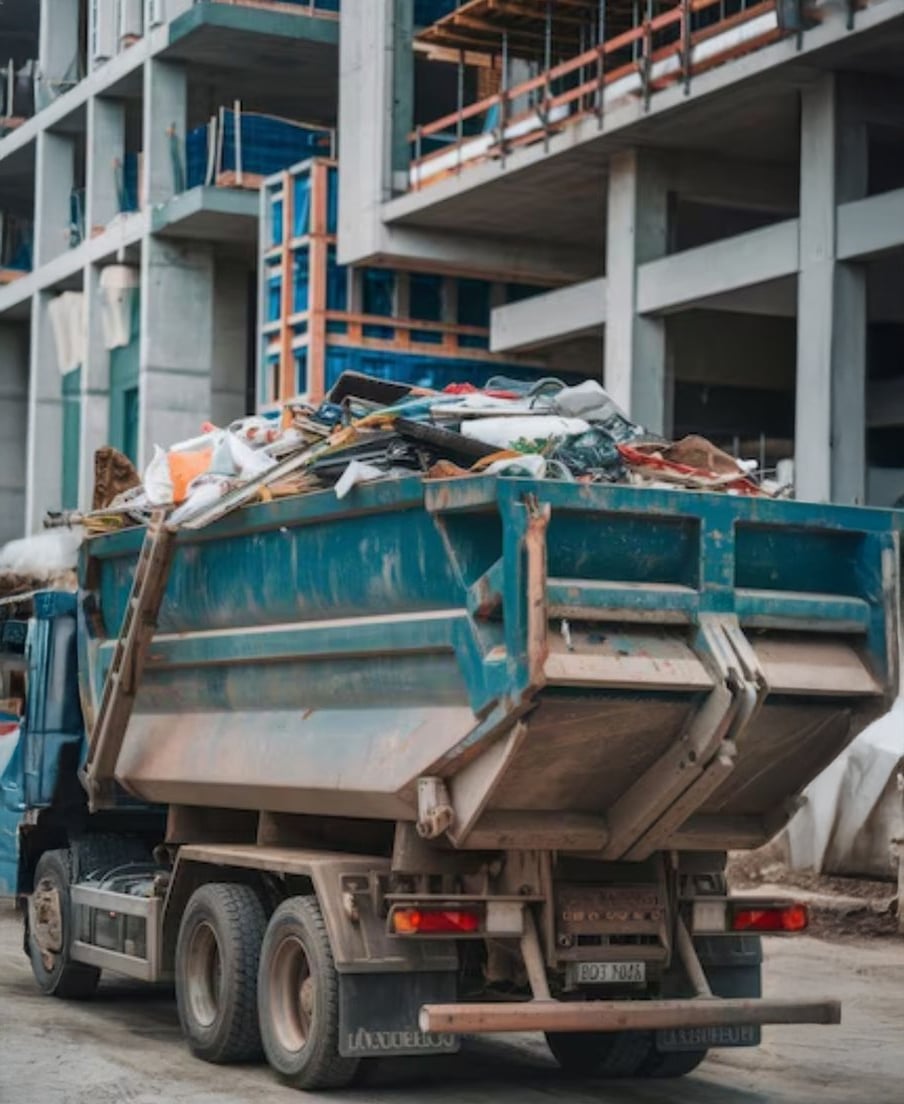 A blue dump truck loaded with construction debris and trash is parked at a building site, with a partially constructed concrete structure visible in the background.