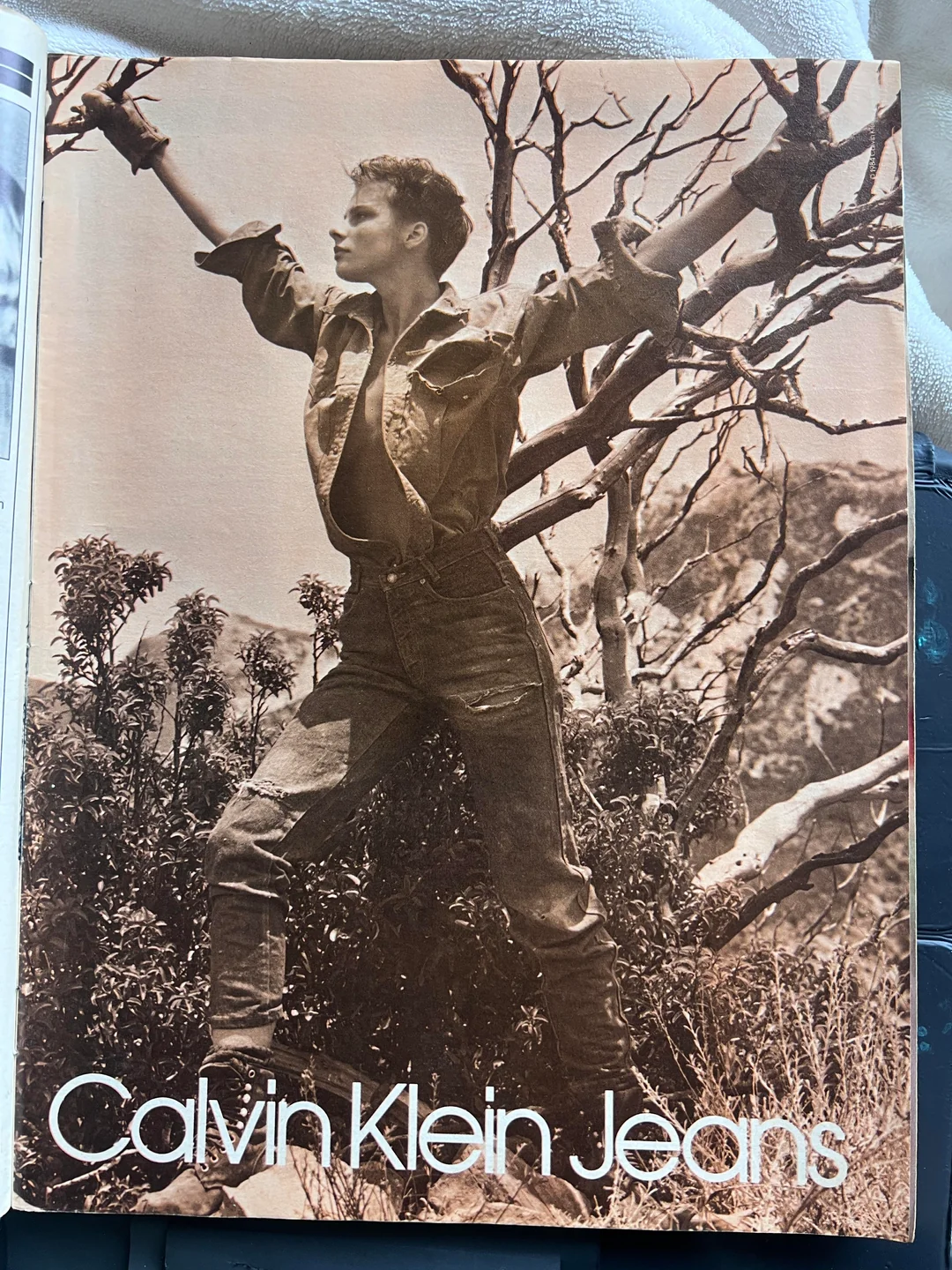 A person wearing Calvin Klein jeans and an open jacket poses outdoors, leaning against a bare tree with arms stretched above their head. The image is in sepia tones, with “Calvin Klein Jeans” written at the bottom.