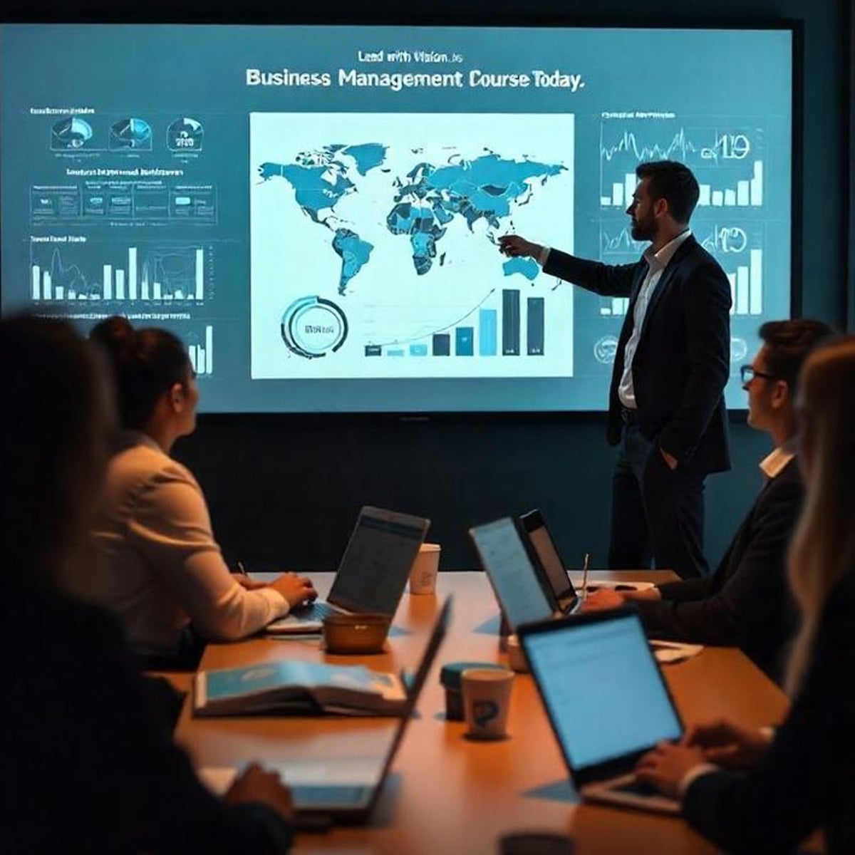 A business professional presents global data on a large screen to colleagues seated at a conference table with laptops and notebooks during a business management course.