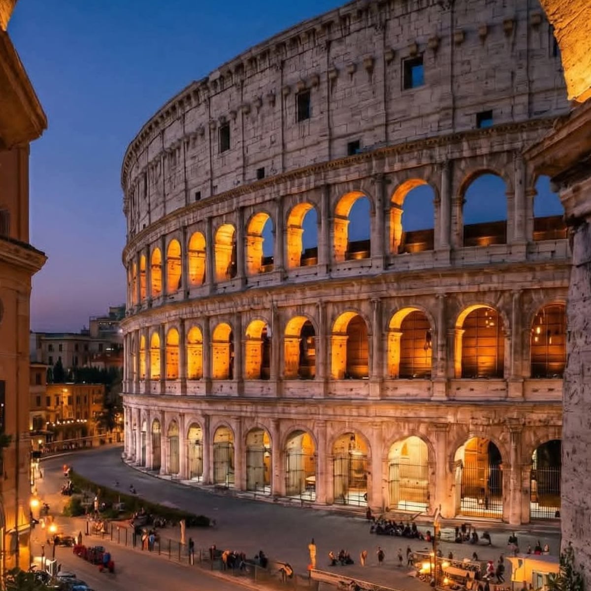 The Colosseum in Rome is illuminated by warm lights at dusk, highlighting its ancient arches and stone structure. People gather around its base, and the cityscape is visible in the background under a twilight sky.