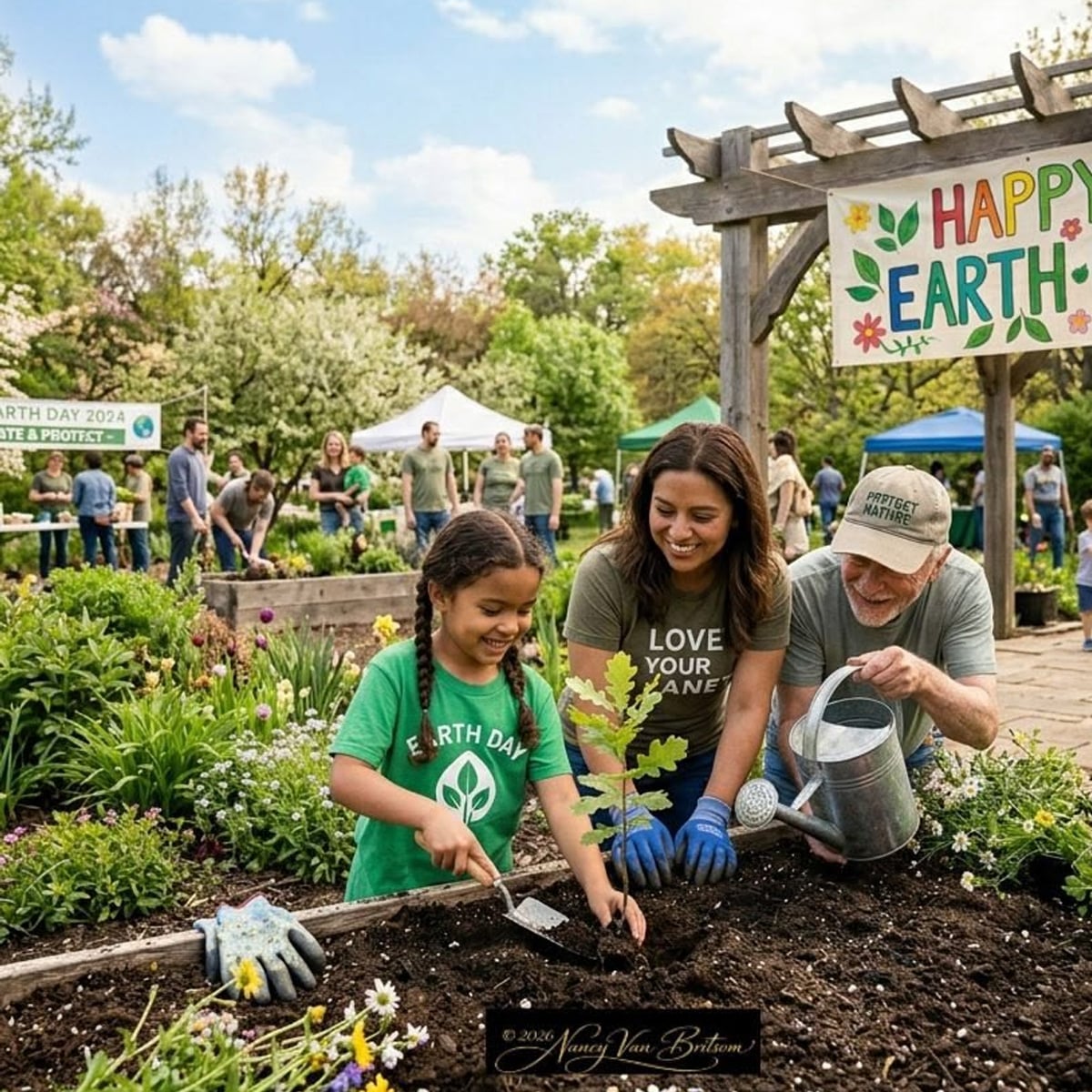 A young girl, a woman, and an older man plant a seedling in a flower bed at a community garden event. They smile together under a sign that reads “Happy Earth Day.” Other people garden in the background.