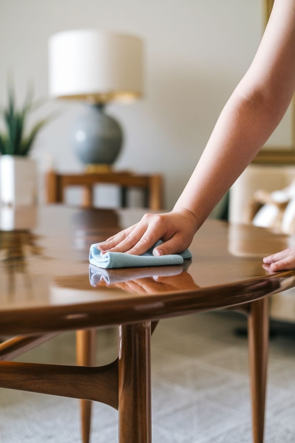 A person’s hand wipes a wooden table with a blue cloth in a well-lit room. A lamp, plant, and couch are visible in the blurred background.