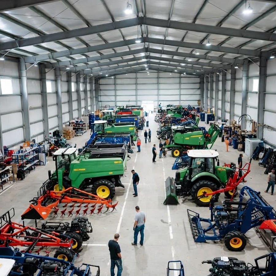Large indoor facility with multiple green and red tractors and farming equipment. People walk and work around the machinery, and workstations line the sides of the spacious, well-lit building.