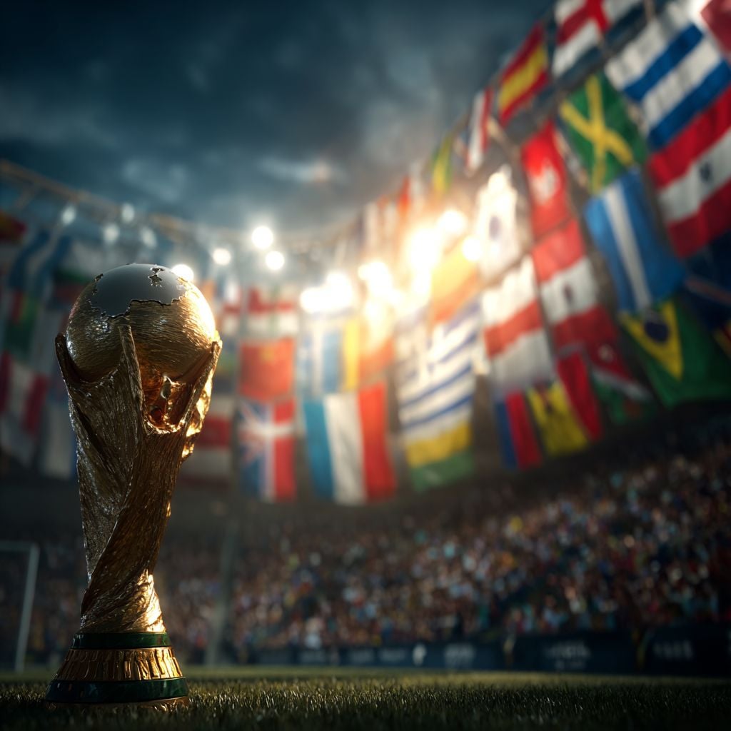 A gold World Cup trophy stands on a soccer field, with a stadium full of fans and numerous national flags hanging in the background under dramatic lighting.