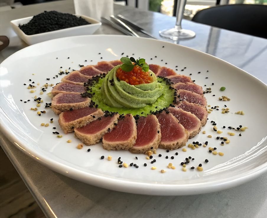 A white plate with seared tuna slices arranged in a circle around a swirl of avocado mousse, topped with orange fish roe and microgreens, garnished with black and white sesame seeds.