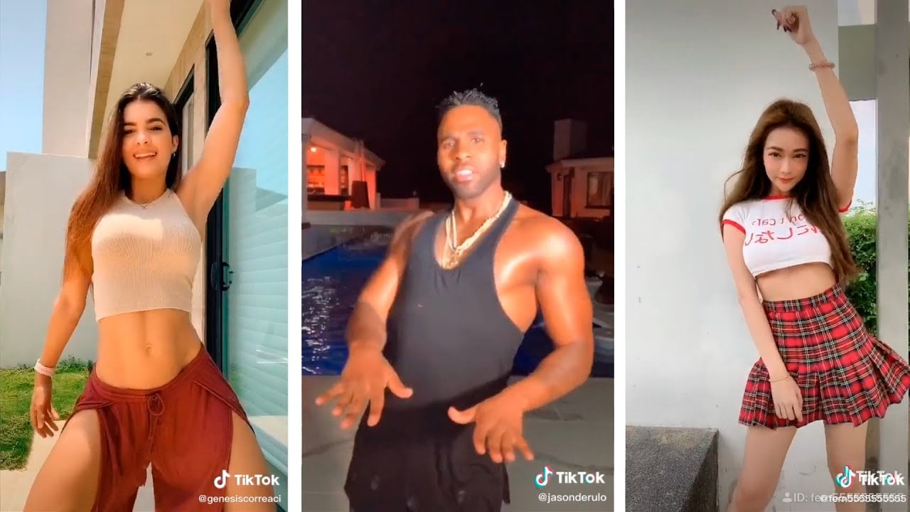 Three people are each dancing in separate vertical frames: a woman in a beige crop top and red shorts, a man in a black tank top outdoors, and a woman in a white crop top and red plaid skirt.