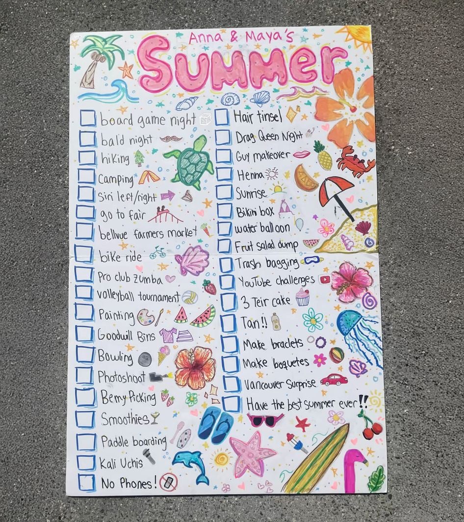 A colorful, handwritten summer bucket list titled "Anna & Maya’s Summer," featuring checkboxes and activities like camping, bowling, beach trips, making bracelets, and fun doodles of flowers, fruits, and summer items.