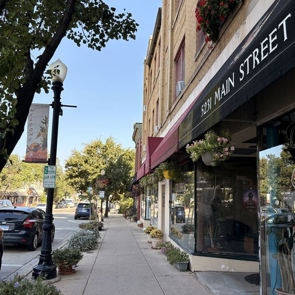 A sunny street view shows a row of shops, including one with an awning reading "5231 MAIN STREET." Flower pots and plants decorate the sidewalk, and parked cars line the street under a clear blue sky.