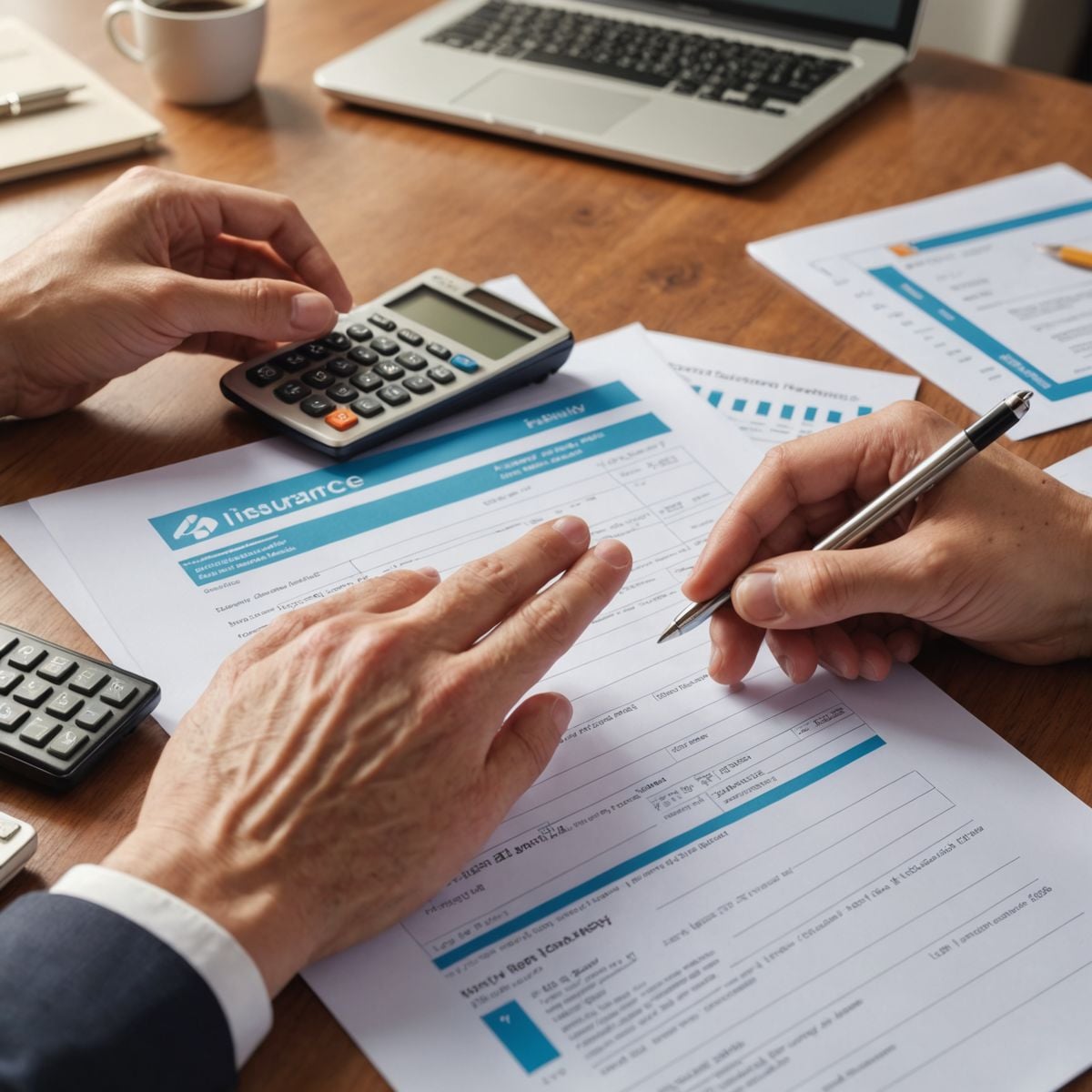 Two people review and discuss insurance documents at a desk with calculators, a laptop, charts, and a cup of coffee. One person points to a document while the other writes notes.