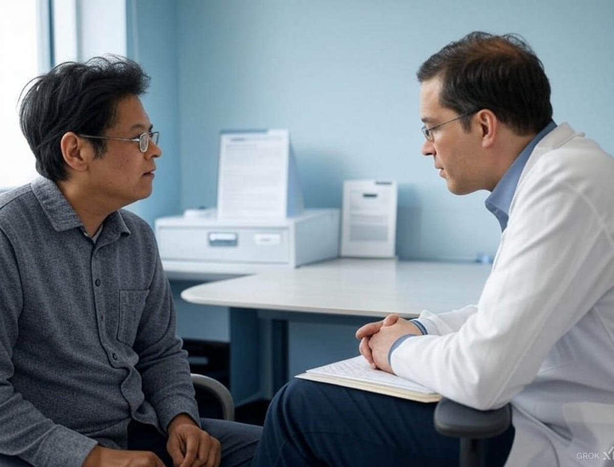 A doctor in a white coat sits across from a patient in an office, holding a clipboard. They are having a serious conversation, with both appearing attentive and engaged.