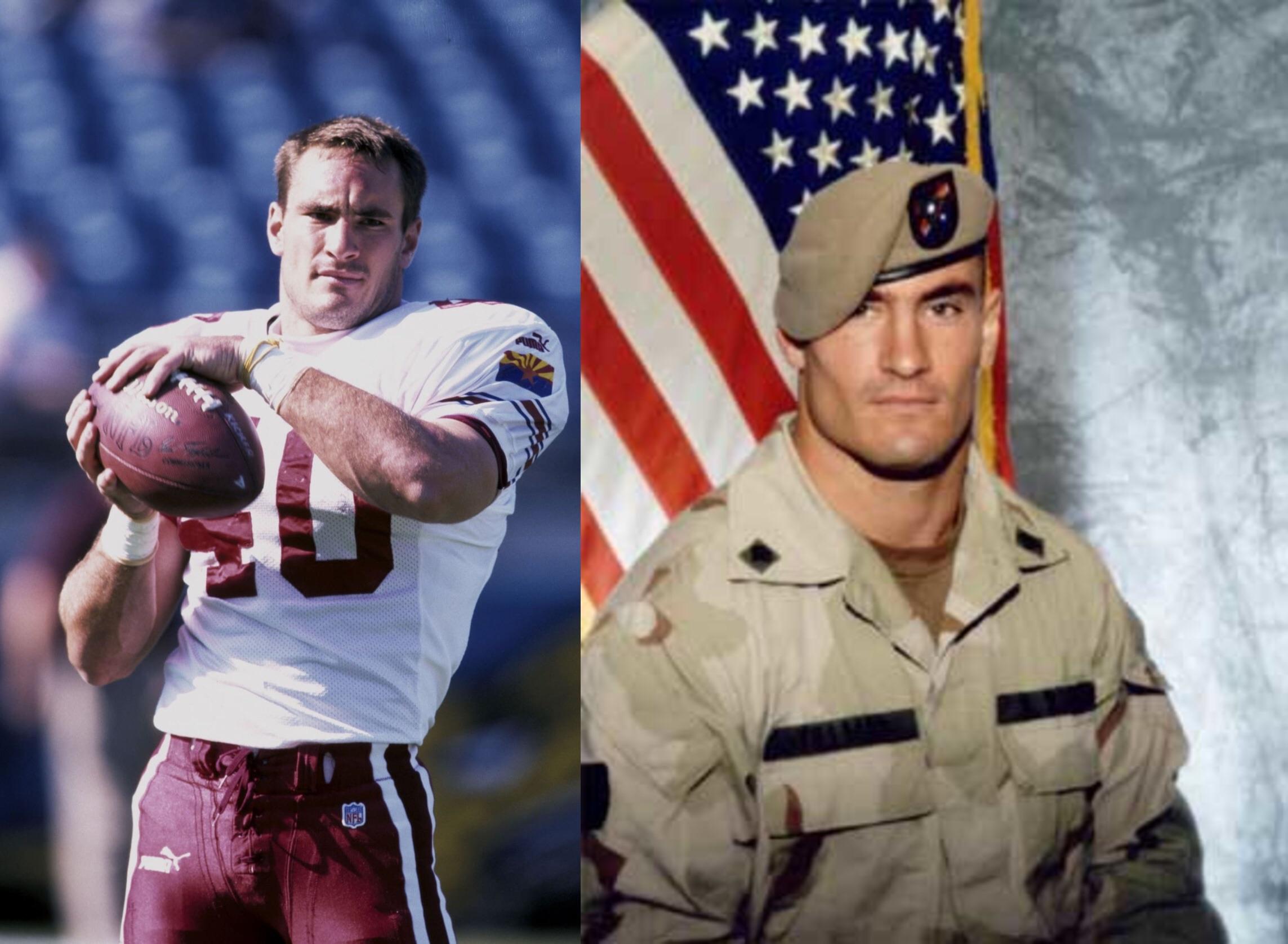 A man in a football uniform holding a football stands outdoors on the left; on the right, the same man wears a military uniform and beret, posing in front of an American flag.