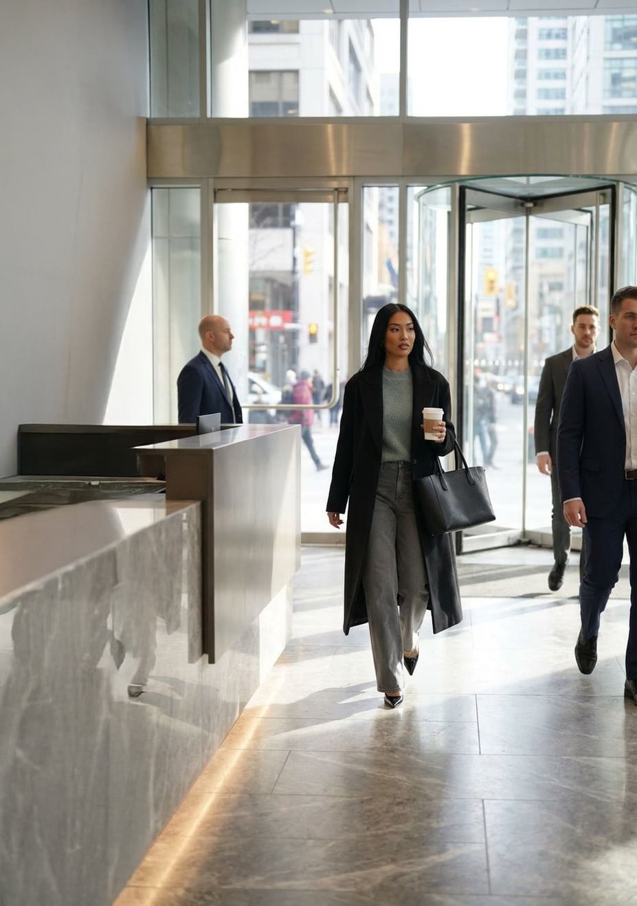 A woman in a long black coat holding a coffee and purse walks through a modern office lobby with glass walls and a revolving door, accompanied by other people in business attire.