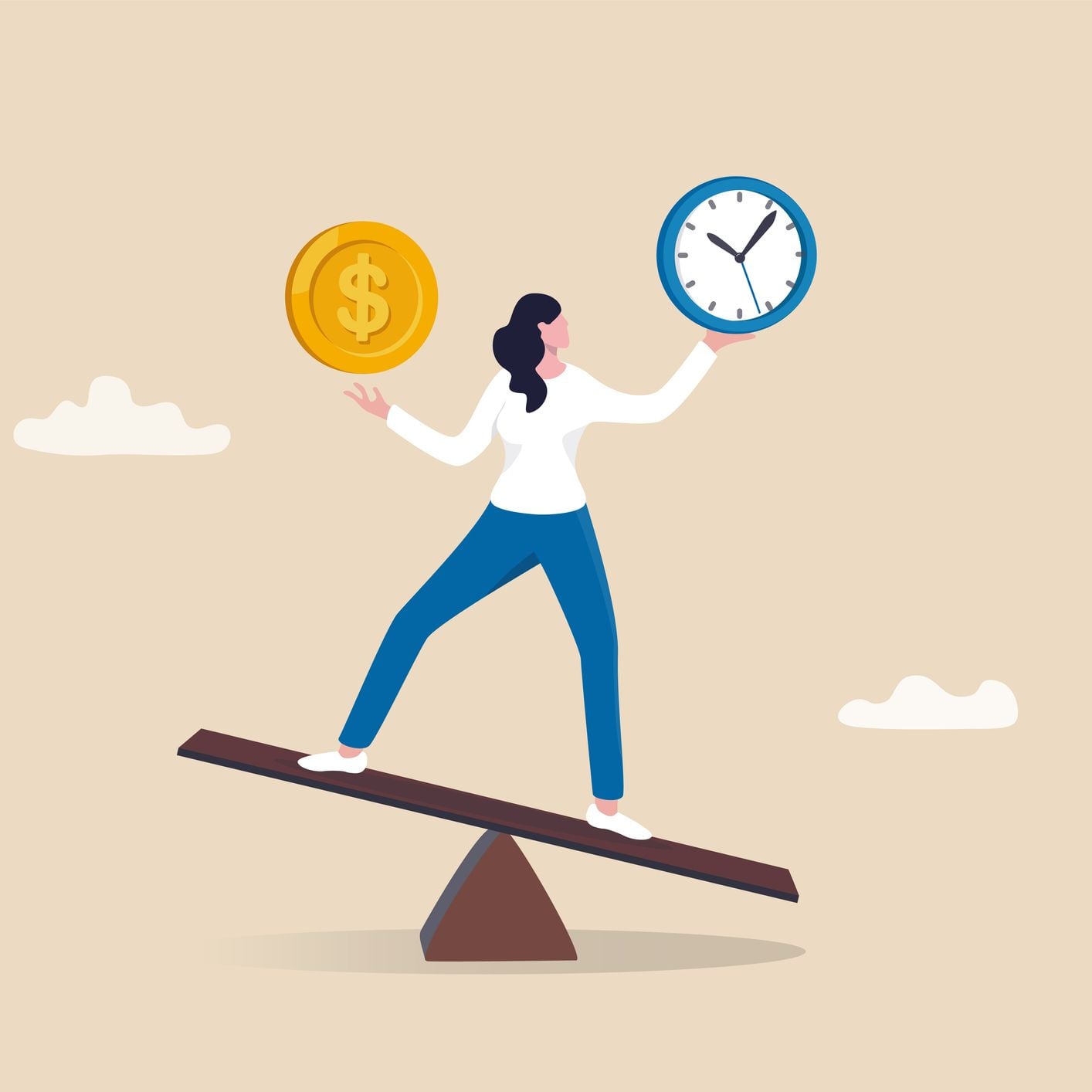 Illustration of a woman balancing on a seesaw, holding a gold coin with a dollar sign in one hand and a clock in the other, representing work-life or time-money balance.