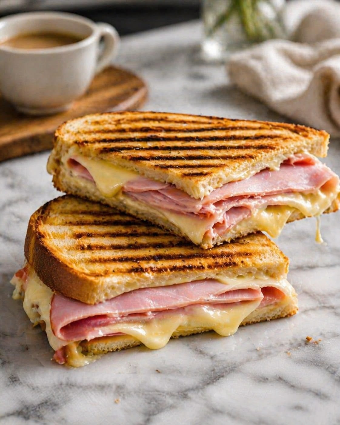 A grilled ham and cheese sandwich cut in half, with melted cheese oozing out, stacked on a marble surface. A cup of coffee and a napkin are blurred in the background.