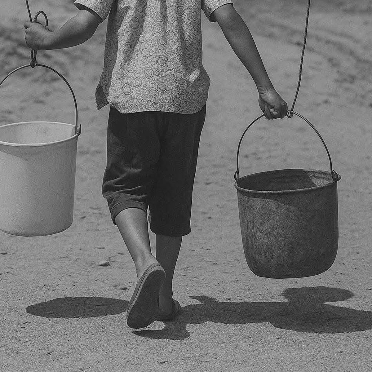 A child walks barefoot on a dirt road, carrying two buckets, one in each hand. The image is in black and white, and the child is seen from behind.