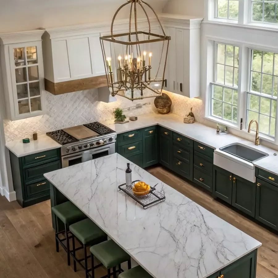 Elegant kitchen with marble countertops, green lower cabinets, white upper cabinets, a farmhouse sink, gold fixtures, a large window, and a central chandelier above a marble island with green stools.