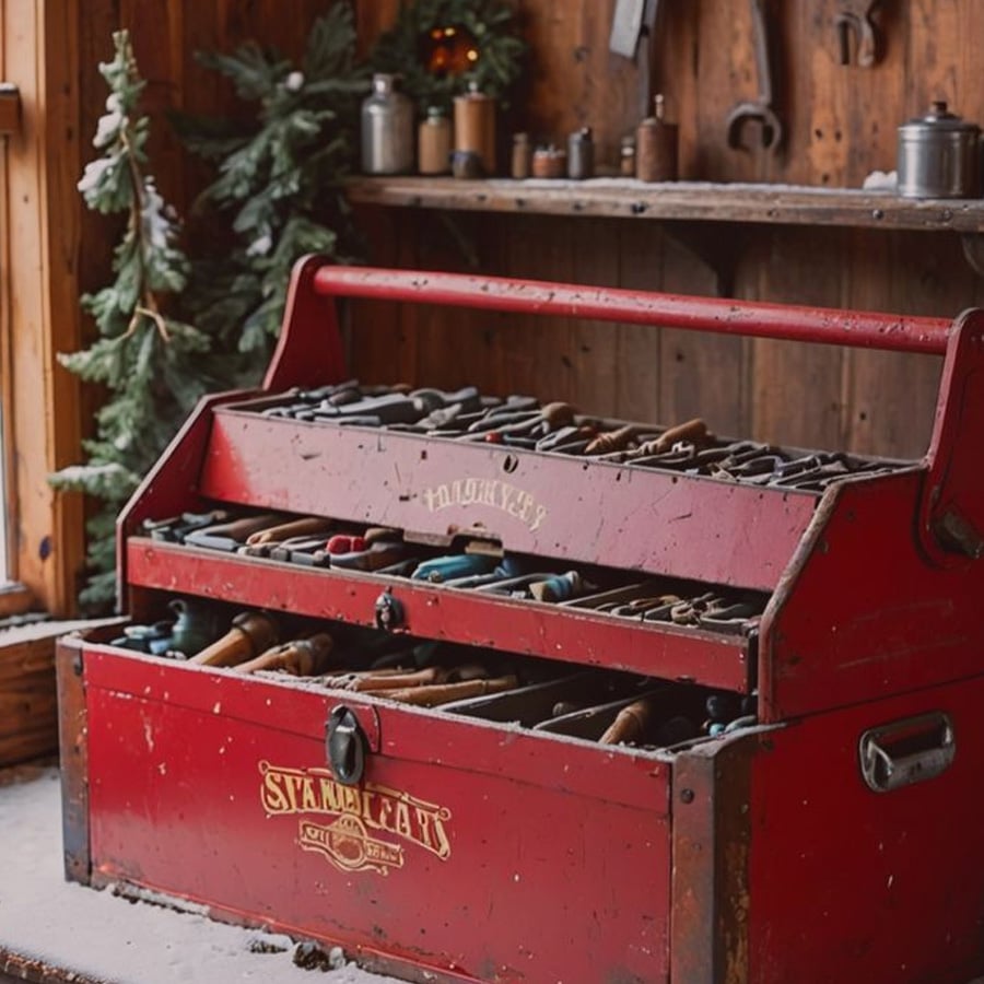 A vintage red toolbox with multiple open drawers, filled with assorted hand tools, sits on a snowy wooden surface in a rustic workshop decorated with a small pine tree.