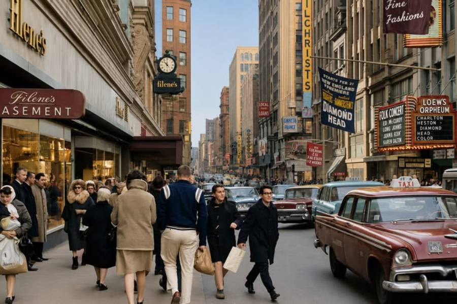 A busy city street scene from the mid-20th century shows people in vintage clothing walking past storefronts and classic cars, with colorful signs and buildings lining both sides of the road.