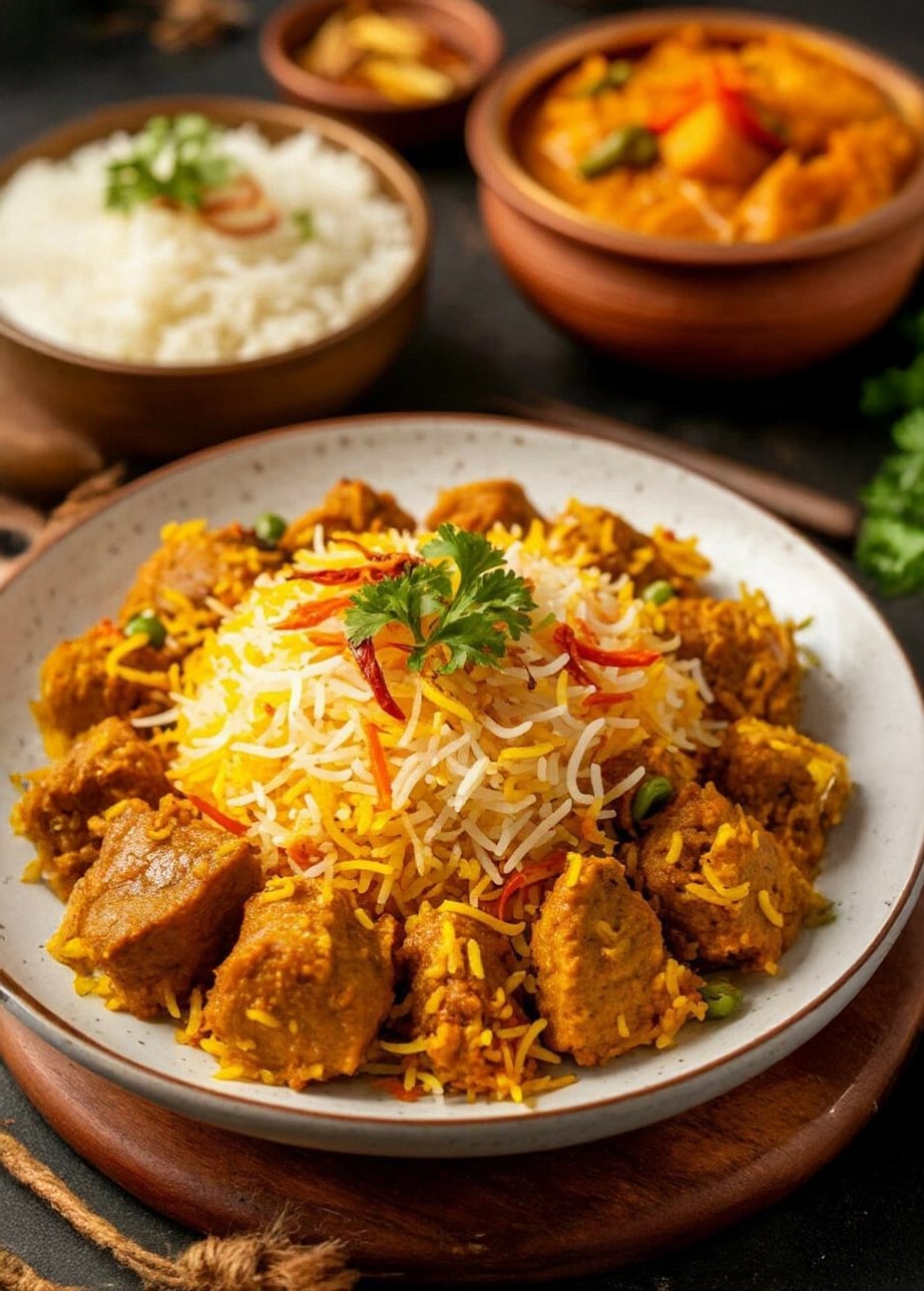 A plate of biryani with chunks of spiced meat, garnished with cilantro and sliced vegetables, served with a bowl of white rice and a bowl of curry in the background.