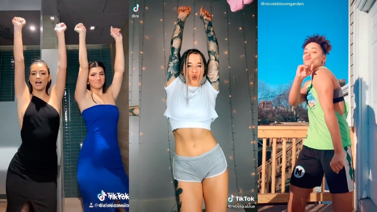 Four women are shown in separate frames dancing. The first two wear dresses, the third wears a crop top with shorts, and the fourth wears athletic clothing, all posing or dancing for TikTok videos.
