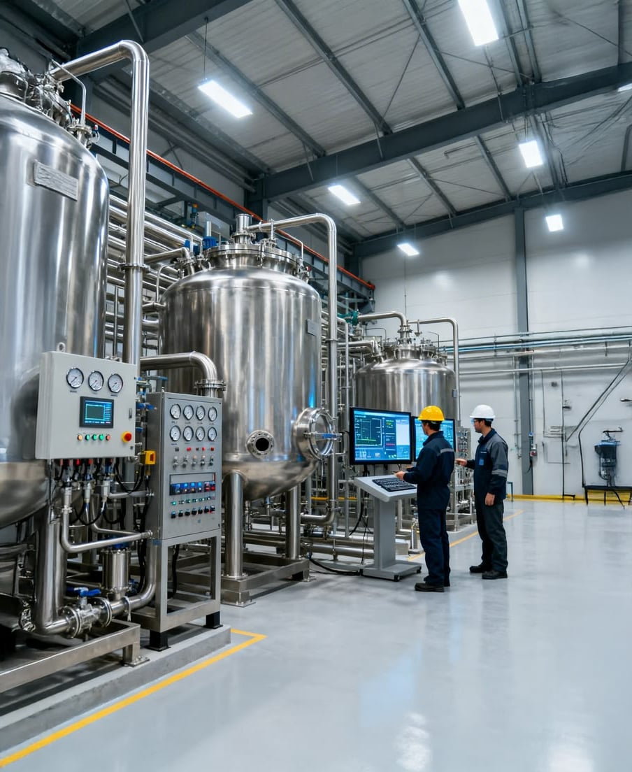 Two engineers in safety gear operate control panels beside large stainless steel industrial tanks inside a clean, modern factory setting with various pipes and monitoring equipment.