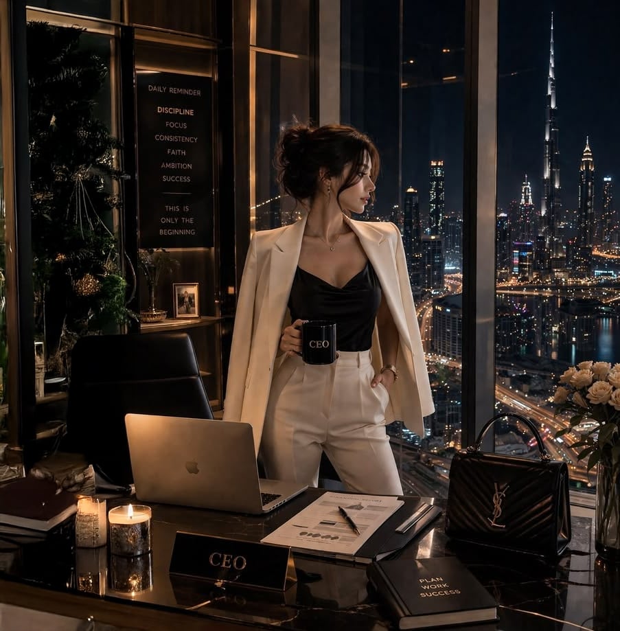 A woman in a white suit stands in a modern office at night, holding a “CEO” mug. City skyscrapers and lights are visible through large windows behind her. The desk has a laptop, candles, flowers, and documents.