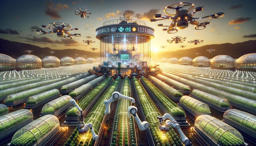 Futuristic farm with robotic arms tending crops in greenhouses, drones flying overhead, and a high-tech central control building, all under a bright sunset sky.