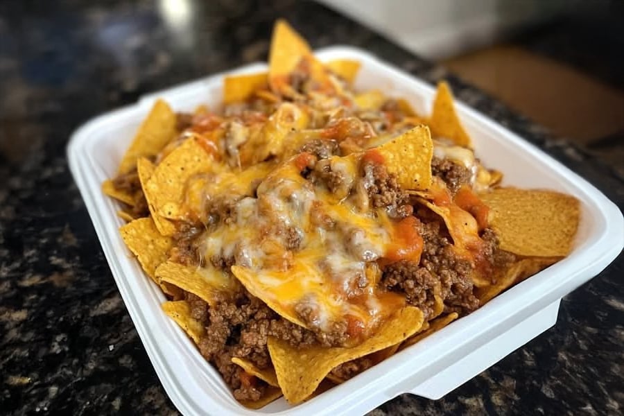 A white tray filled with nachos topped with seasoned ground beef, melted shredded cheese, and a drizzle of orange sauce, sitting on a dark marble countertop.