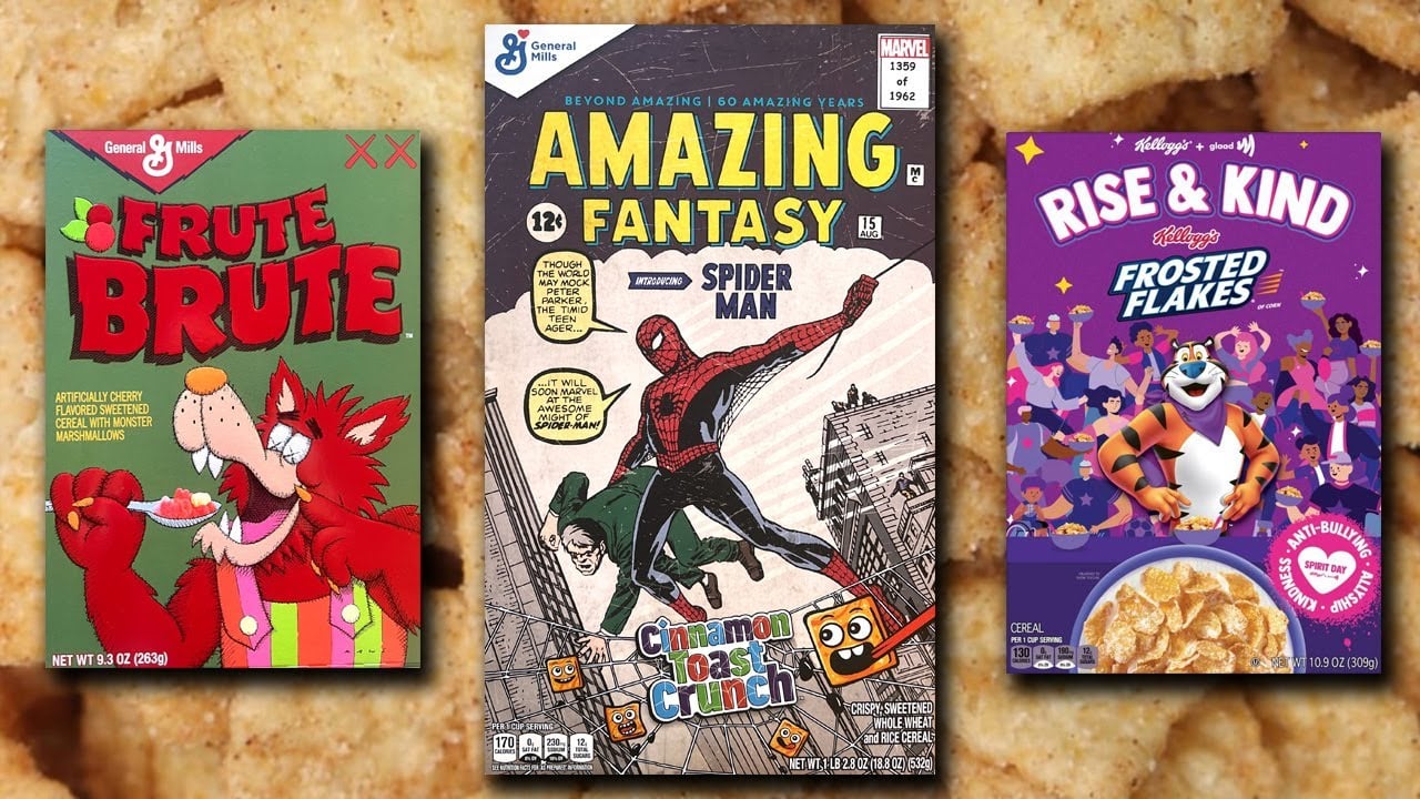 Three cereal boxes are shown: Frute Brute with a cartoon wolf, Cinnamon Toast Crunch featuring a Spider-Man comic cover, and Rise & Kind Frosted Flakes with Tony the Tiger and diverse animated kids.