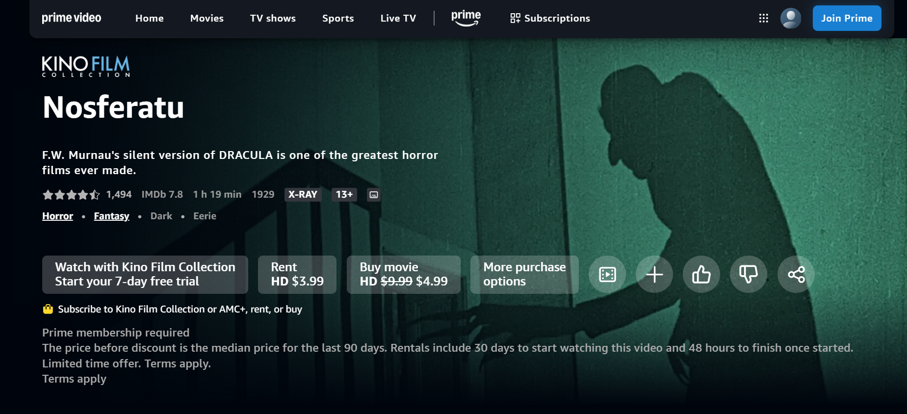 A streaming platform page displays the film "Nosferatu," showing its title, ratings, summary, rental and purchase options, and a shadowy figure with clawed hands reaching toward a staircase on the right side.