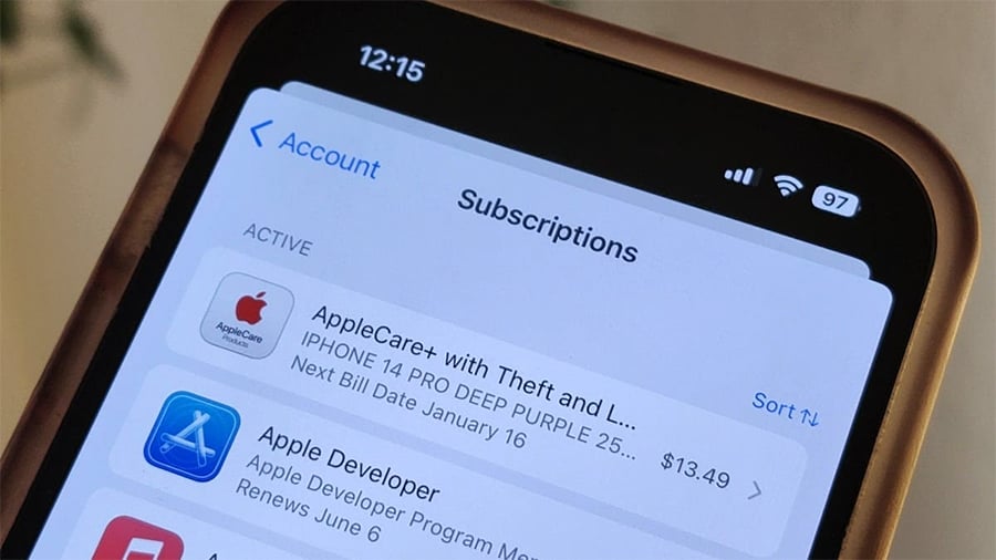 A smartphone screen displays the Subscriptions page, showing active subscriptions for AppleCare+ and Apple Developer, with details like next bill date and prices visible.