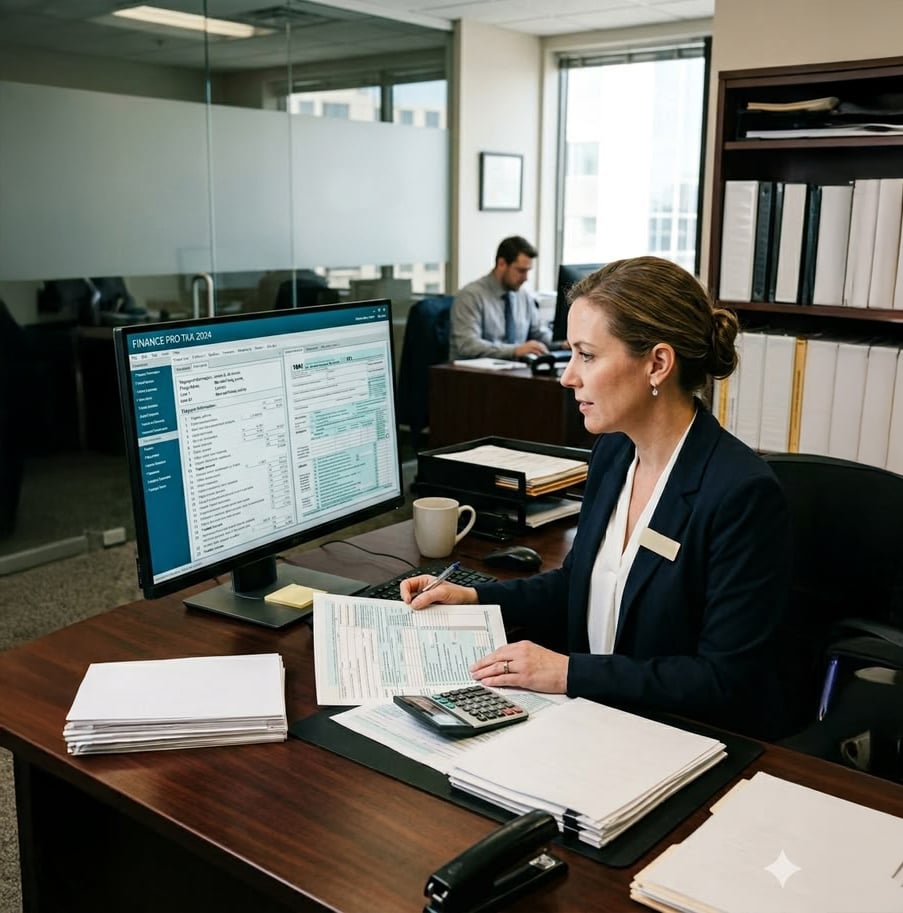 A woman in business attire sits at a desk in an office, reviewing financial documents on paper and on her computer screen. A calculator, mug, and paperwork are on her desk. Another person works at a desk in the background.