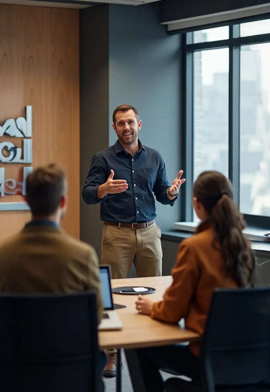 A man stands and gestures while speaking to two seated colleagues during a meeting in a modern office with large windows. Laptops and papers are on the table.
